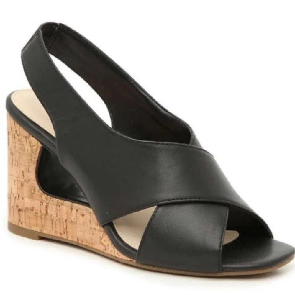 COM & SENS Leather Missy Wedge Sandal in Black 7.5